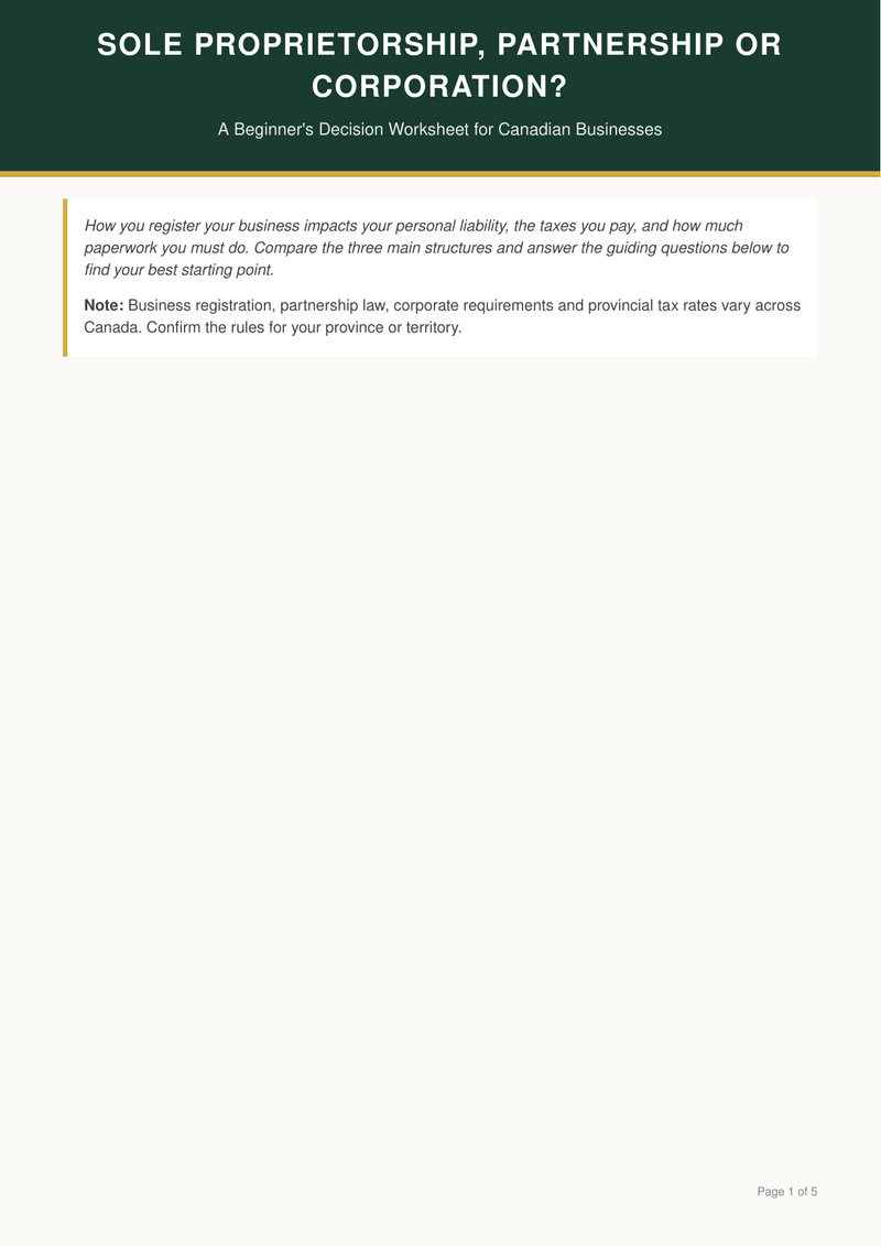 Cover of the Business Structure Decision Worksheet PDF