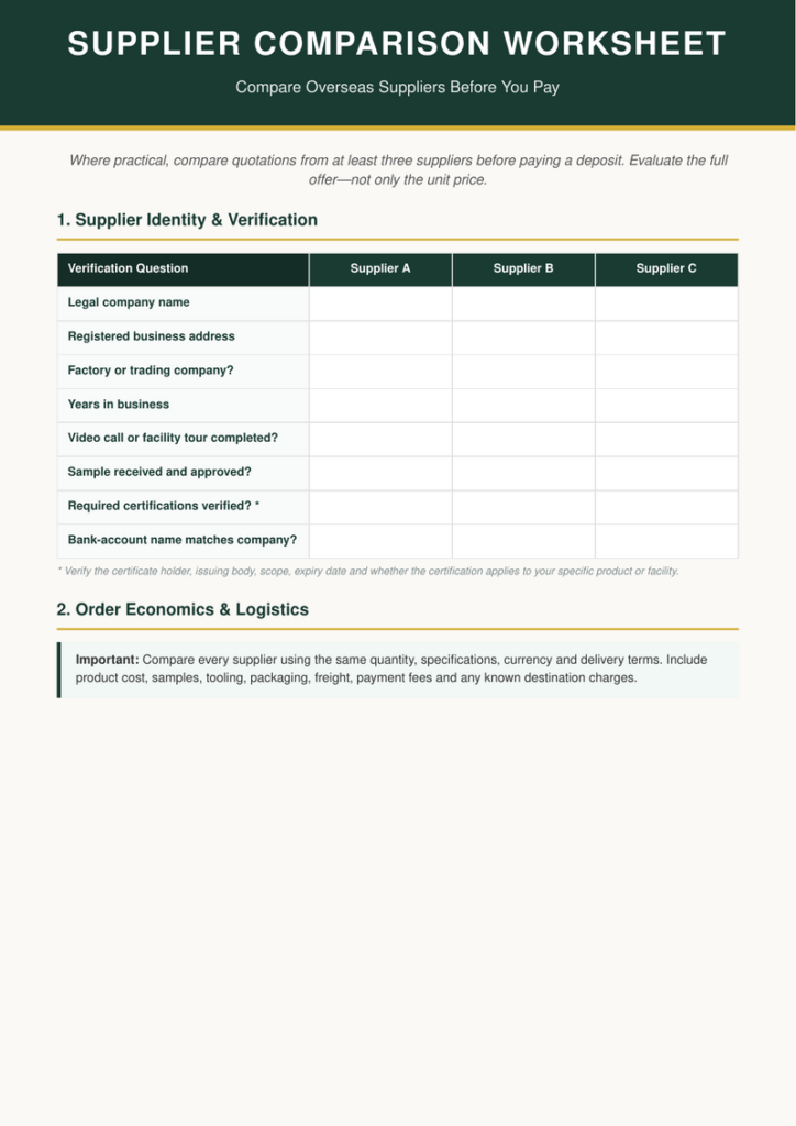 Cover of Supplier Comparison Worksheet