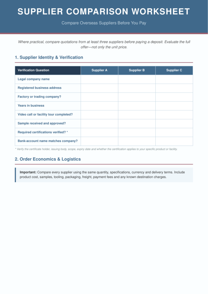 Cover of Supplier Comparison Worksheet
